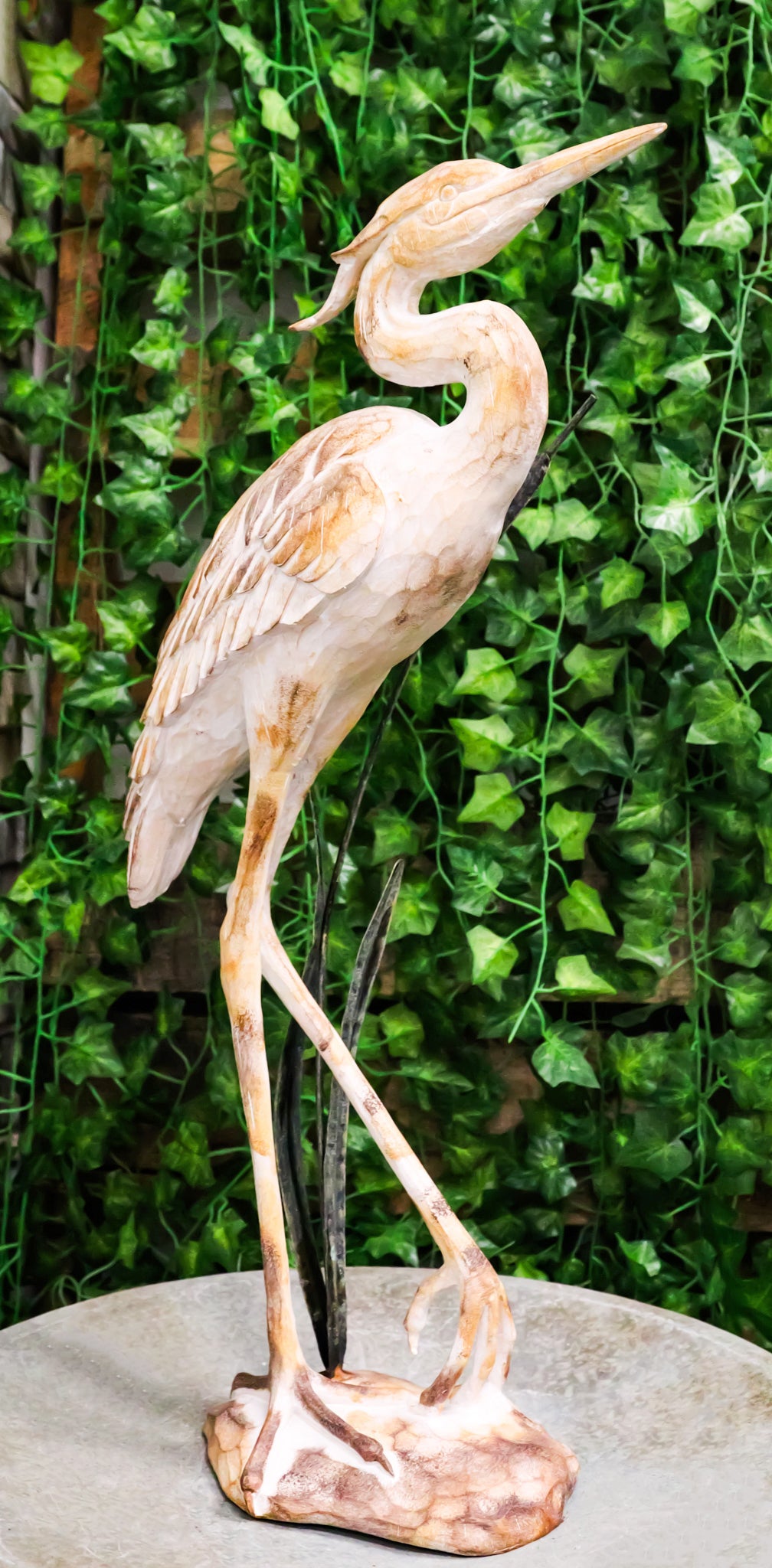 Wooden Stork Crane Heron Bird with Fish Folk 2024 Art Statue Sculpture Figurine 24” Tall