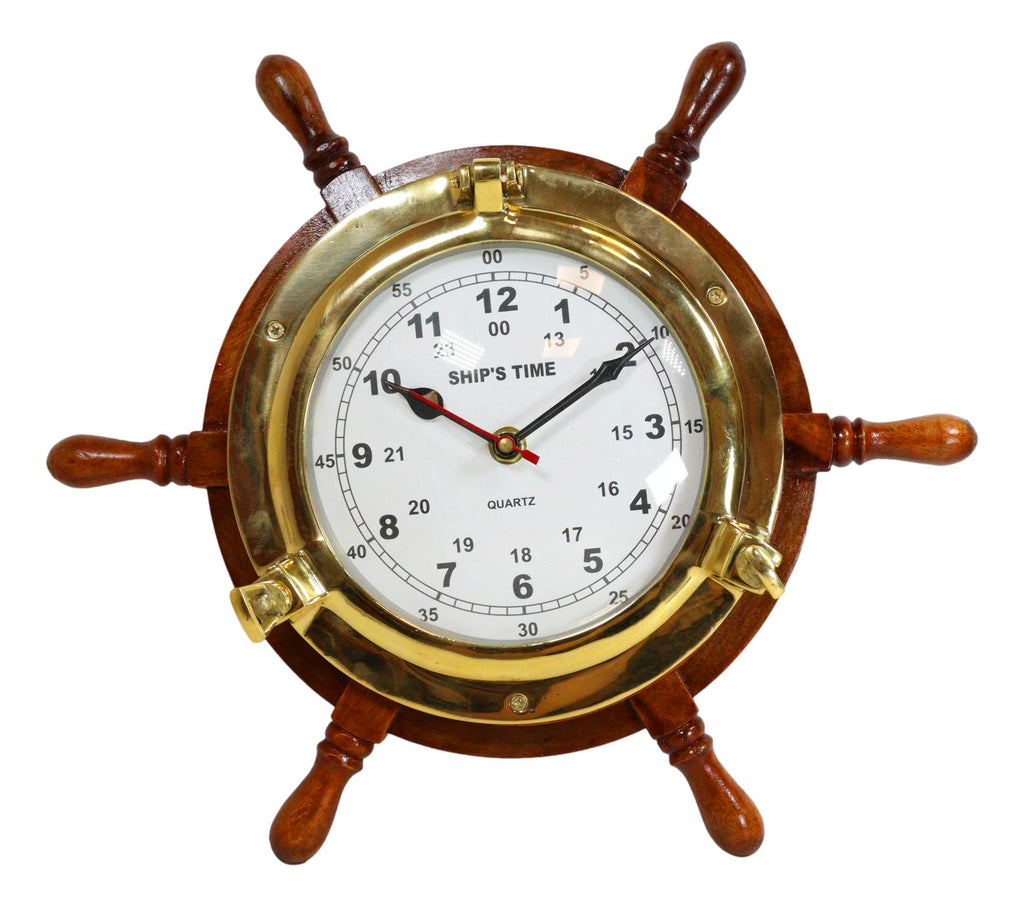 Vintage Quartz Ship's Time Wooden Ship Wheel & Brass Clock
