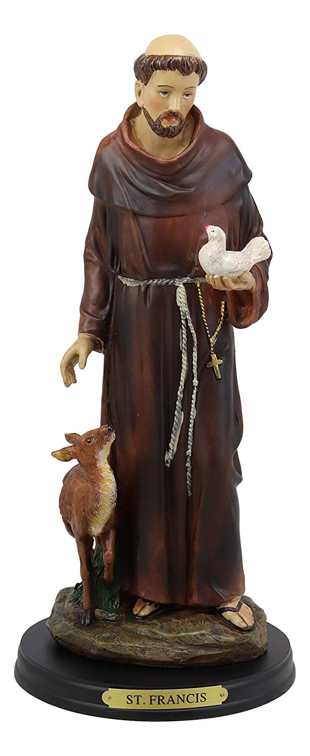 Ebros Gift Holy Catholic Saint Francis of Assisi with Dove and Deer Statue  and Brass Name Plate 12.25