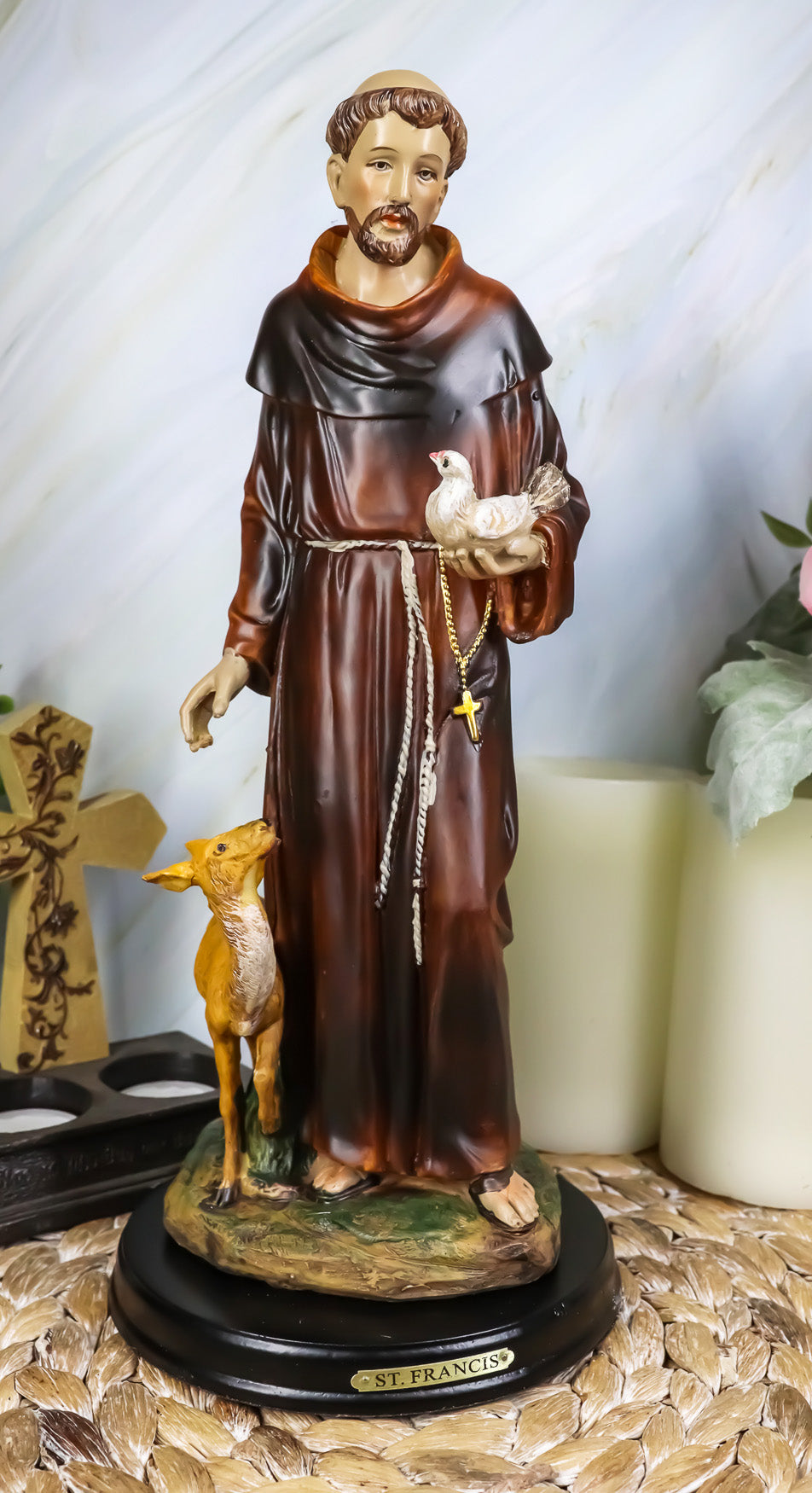 Ebros Gift Holy Catholic Saint Francis of Assisi with Dove and Deer St