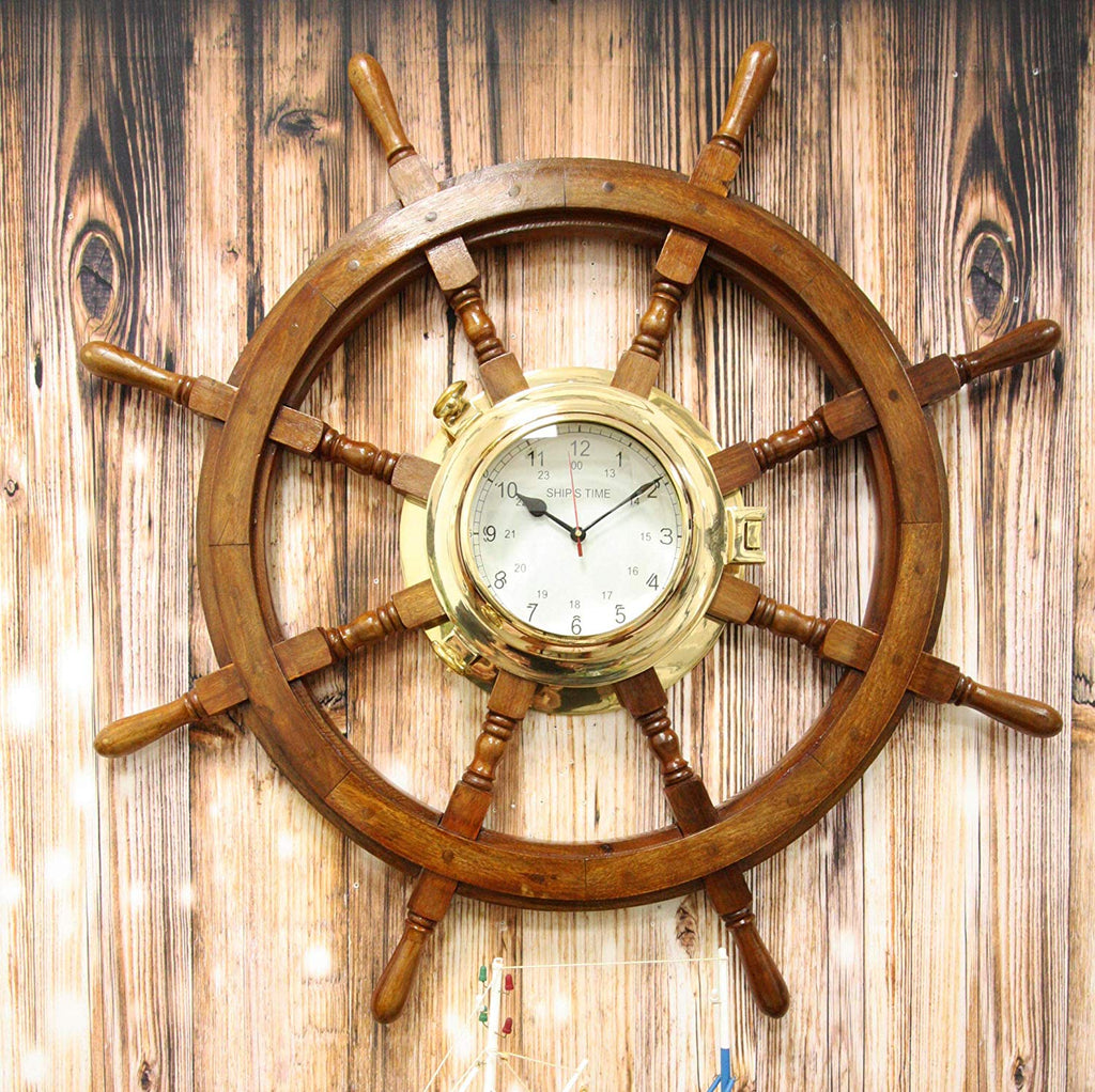 Nautical Maritime Vintage Brass Table Desk Clock With Wooden
