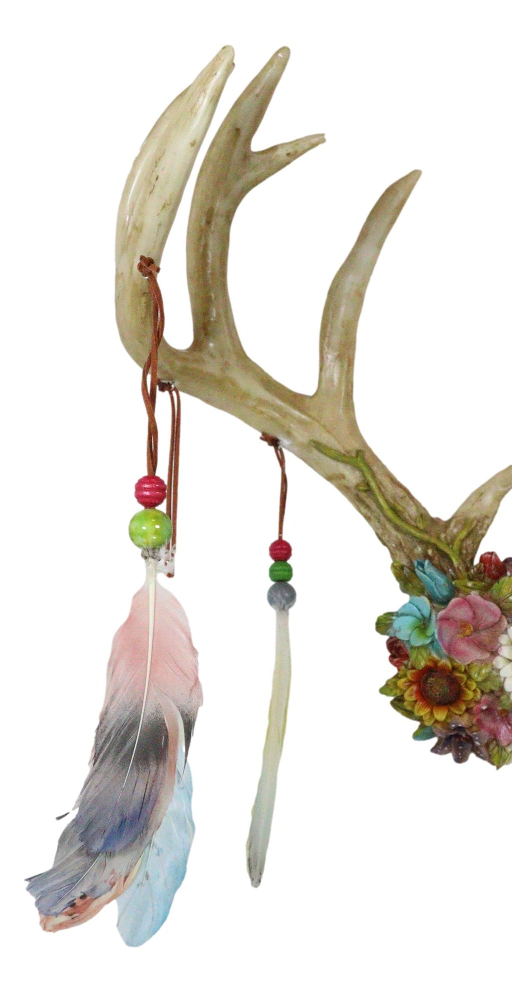 Rustic 12 Point Stag Deer Antlers Flowers And Feathers Rack Wall