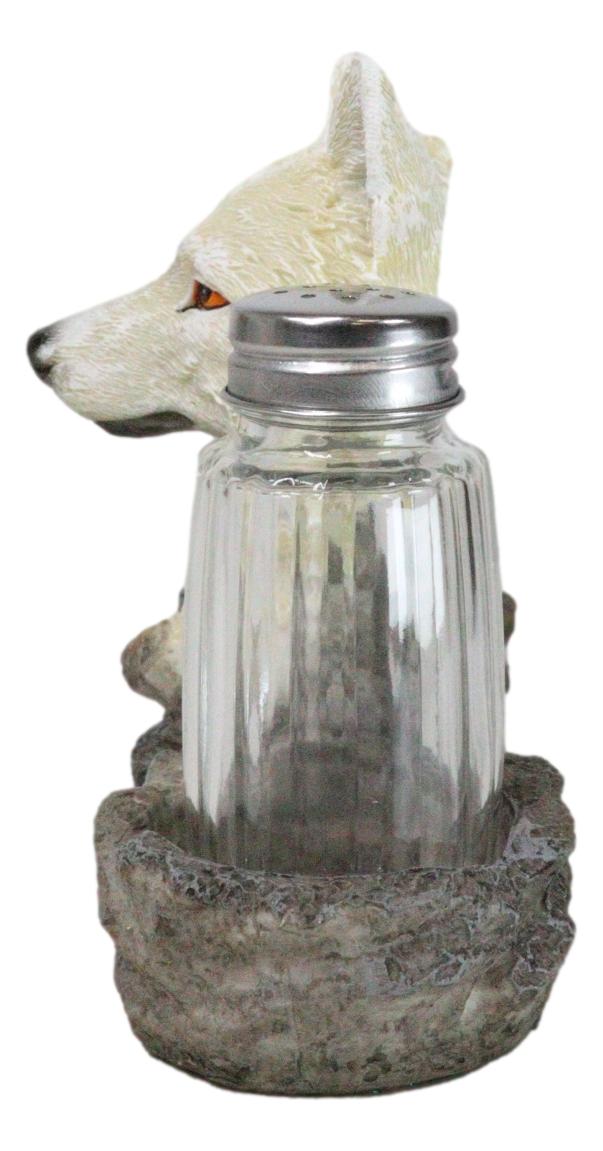 White Wolf Head By Woodlands Forest Glass Salt & Pepper Shakers Holder Figurine