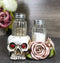 Day Of The Dead Skull With Red Heart Eyes Pink Roses Salt Pepper Shakers Holder