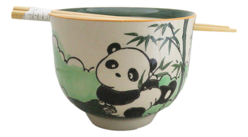 Bamboo Forest Green Panda Bear Ceramic Donburi Ramen Bowl With Chopsticks Set