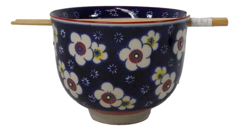 Blue Ume Plum Blossoms Ceramic Donburi Ramen Soup Red Bowl With Chopsticks Set