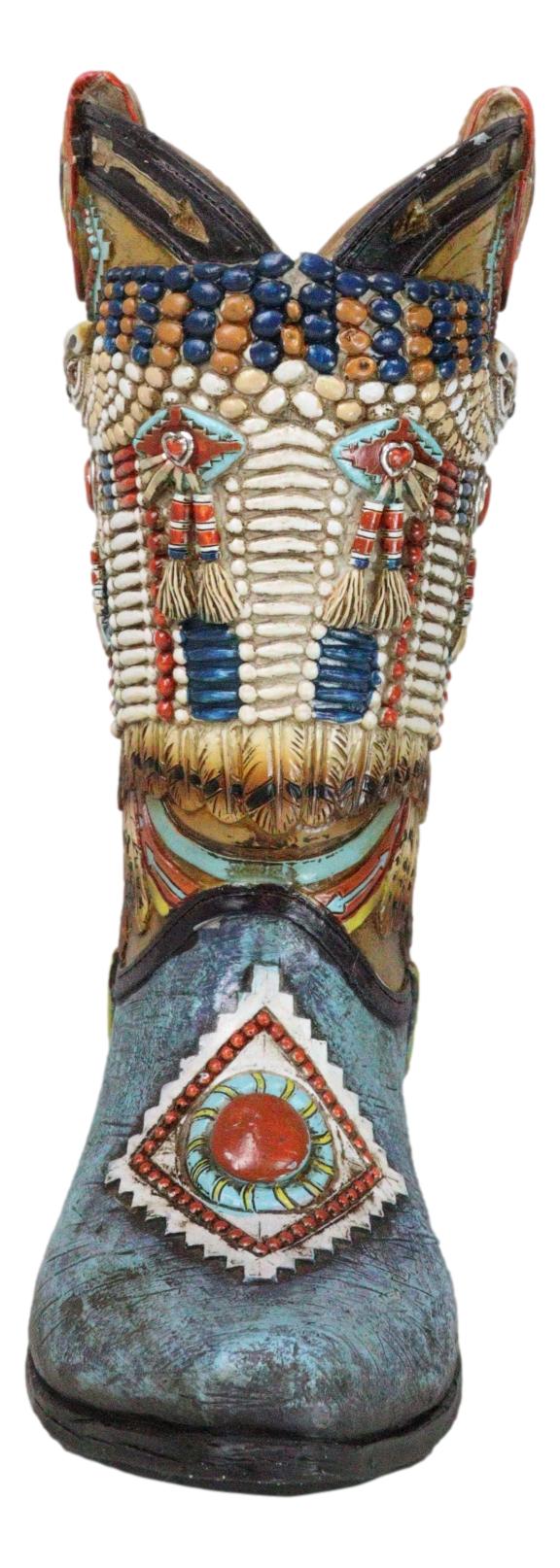 Southwestern Indian Beaded Turquoise Mystic Owl Faux Leather Cowboy Boot Vase