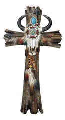 Southwestern Tribal Cow Skull With Arrows Turquoise Gems And Feathers Wall Cross