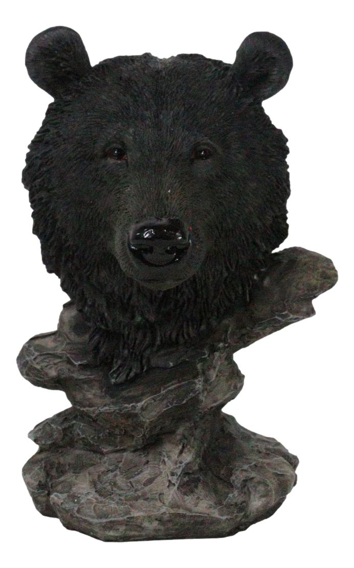 Western Rustic Wildlife Forest Black Bear Bust Figurine with Rocky Steppes Stand