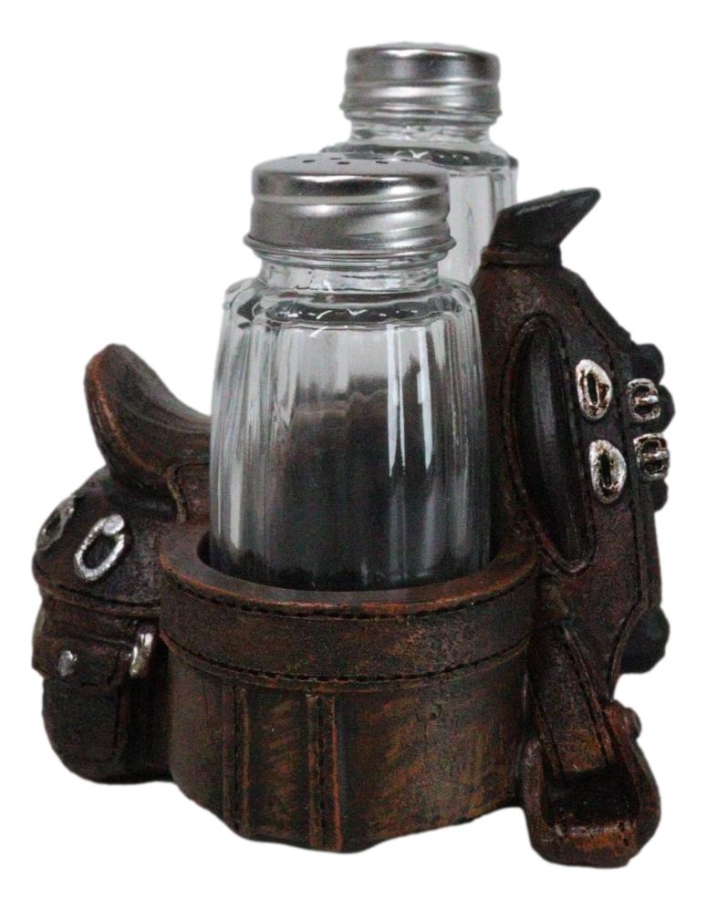 Country Western Faux Leather Cowboy Horse Saddle Salt Pepper Shakers Holder