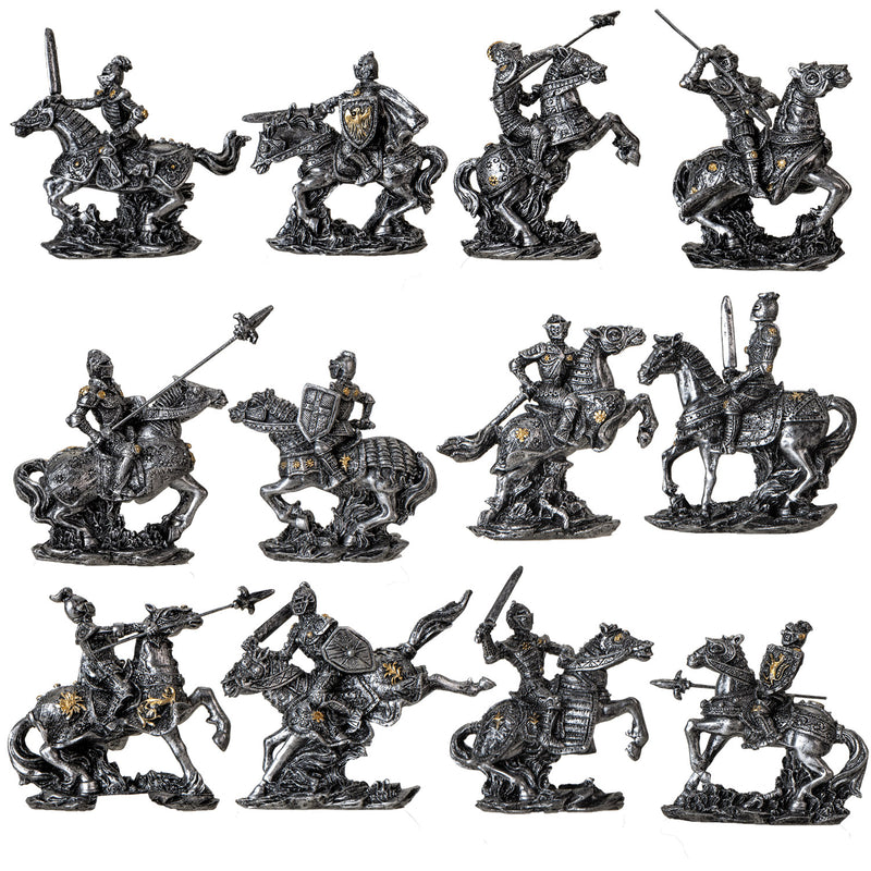 Set of 12 Mini Armored Knights On Horses And Medieval Castle Drawbridge Display