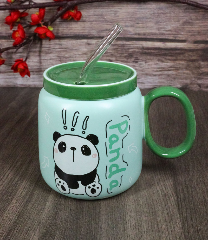 Whimsical Anime Green Giant Panda 16oz Ceramic Mug Cup With Lid And Glass Straw