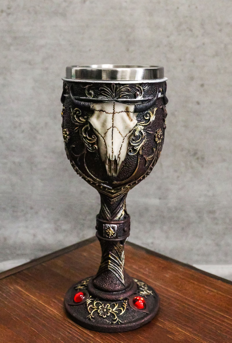 Ebros Horned Wild Bison Steer Tribal Skull Red Cyrstals Maroon Wine Chalice Goblet Cup