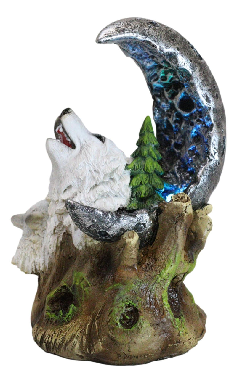 Winter Pine Forest Howling Snow White Wolf Mother And Cub With LED Moon Figurine