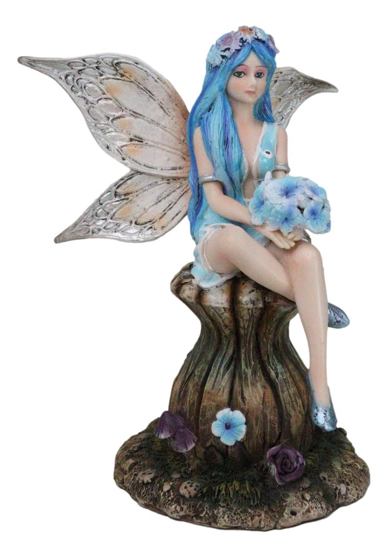 Blue Pansy Flower Fairy With Butterfly Wings Sitting On Mushroom Figurine 7"H