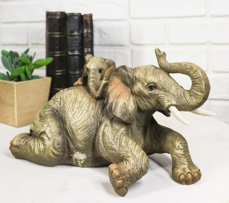 Wildlife Jungle Play Safari Savanna Elephant Father and Calf Resting Figurine