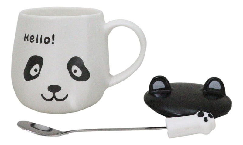 Hello Panda Bear Ceramic Coffee Mug Cup With Spoon And Perky Ears Lid 14oz