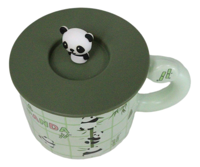 Green Panda Bears Climbing On Bamboo Mug With Anime Panda Figurine Handle Lid