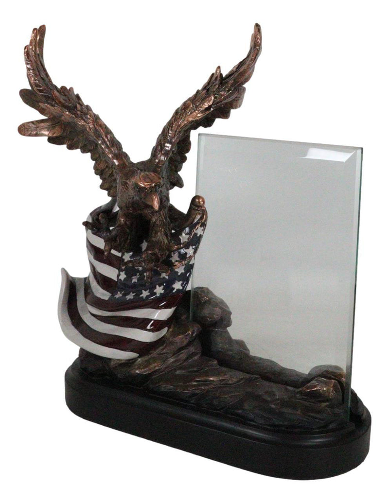 Patriotic American Bald Eagle Perching On Flag Photo Frame Bronze Resin Figurine