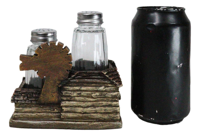 Western Farmhouse Barn With Windmill And Wagon Salt Pepper Shakers Holder Set