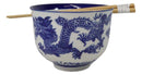 Blue White Oriental Dragon King Ceramic Donburi Ramen Bowl With Chopsticks Set