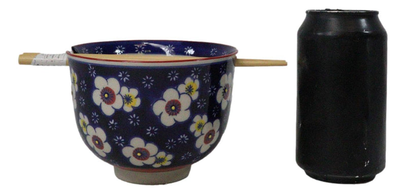 Blue Ume Plum Blossoms Ceramic Donburi Ramen Soup Red Bowl With Chopsticks Set