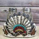 Tribal Indian Chief Headdress Bonnet Roach With Feathers Salt Pepper Shakers Set