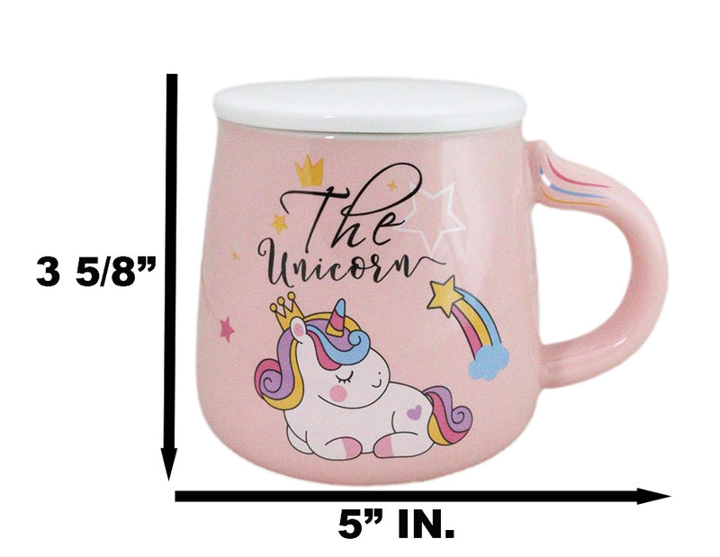 Pastel Pink Whimsical Unicorn Rainbow Shooting Star Mug With Spoon And Lid