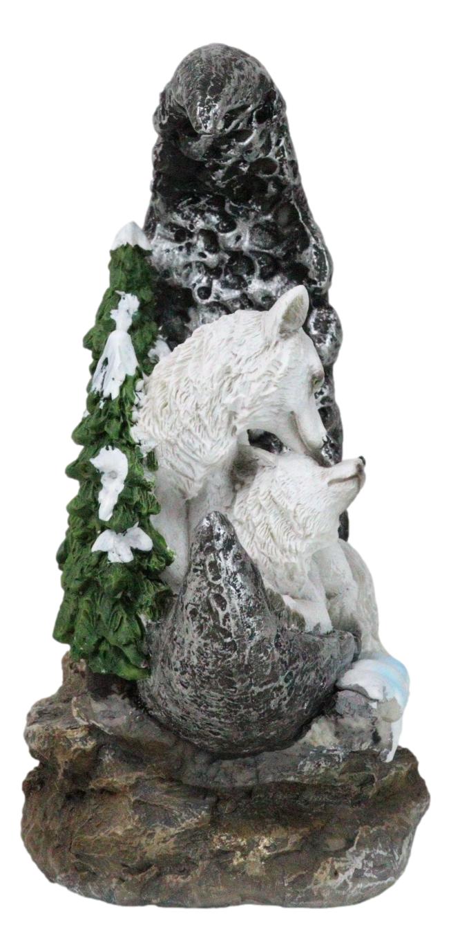 Winter White Wolf Couple In Snow Pine Trees Scene With LED Crescent Moon Statue