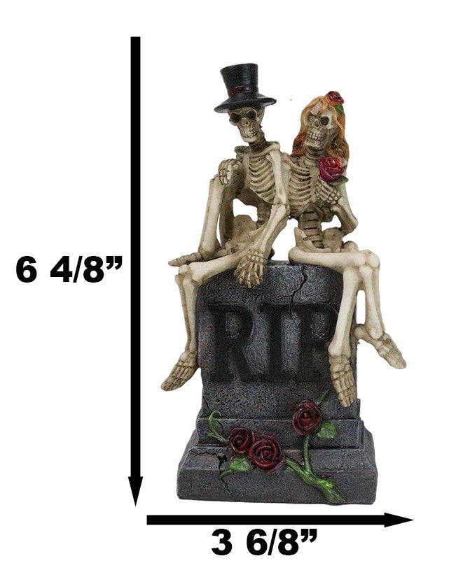 Gothic Skeleton Bridal Couple Sitting On Grave Tombstone With Red Roses Figurine