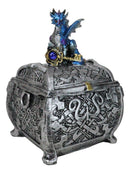 Metallic Blue Ocean Dragon Holding Rune Key On Treasure Chest Trinket Box