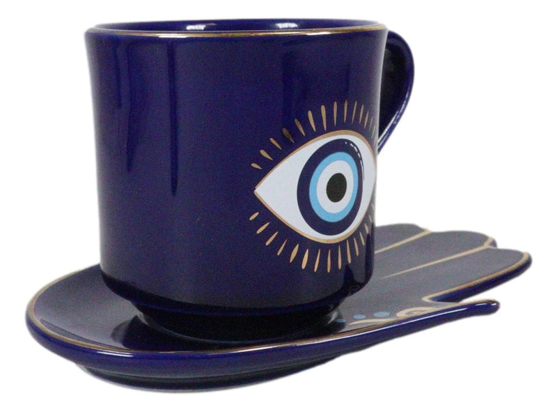 Blue Evil Eye Of Providence Hamsa Palmistry Hand Palm Mug Cup With Saucer Set