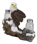 American Bald Eagle On Snowy Tree Branch Rock Cliff Salt Pepper Shakers Holder