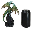 Metallic Green Dragon Perching On Rocky Mountain Stonewall Castle Tower Figurine