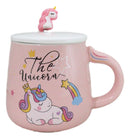 Pastel Pink Whimsical Unicorn Rainbow Shooting Star Mug With Spoon And Lid