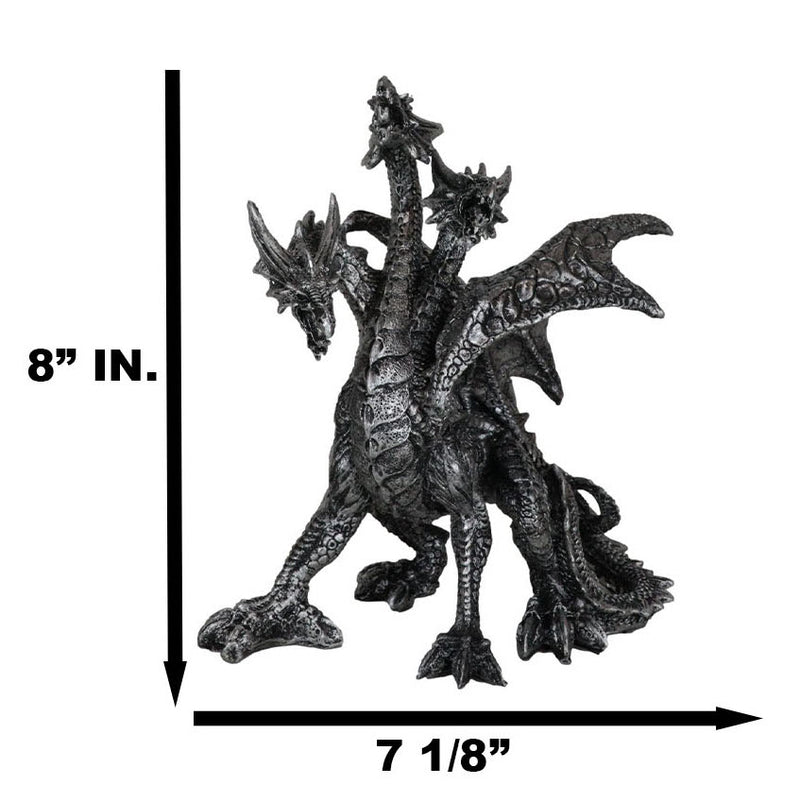 Gothic Silver Three Headed Dragon Hydra Roaring Statue 8" Tall Figurine Decor