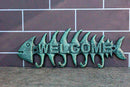 Pack of 2 Verdigris Cast Iron Fish Bone 4 Peg Wall Hooks Welcome Sign Plaque