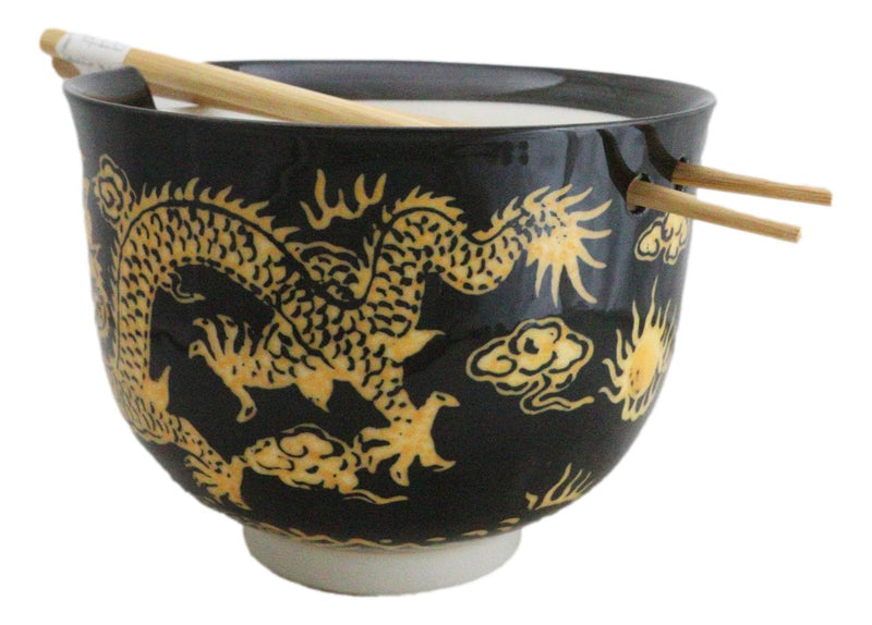 Black And Yellow Dragon King Ceramic Donburi Ramen Bowl With Chopsticks Set