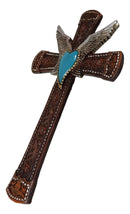 Western Boho Chic Turquoise Heart Angel Wings Tooled Floral Leather Wall Cross