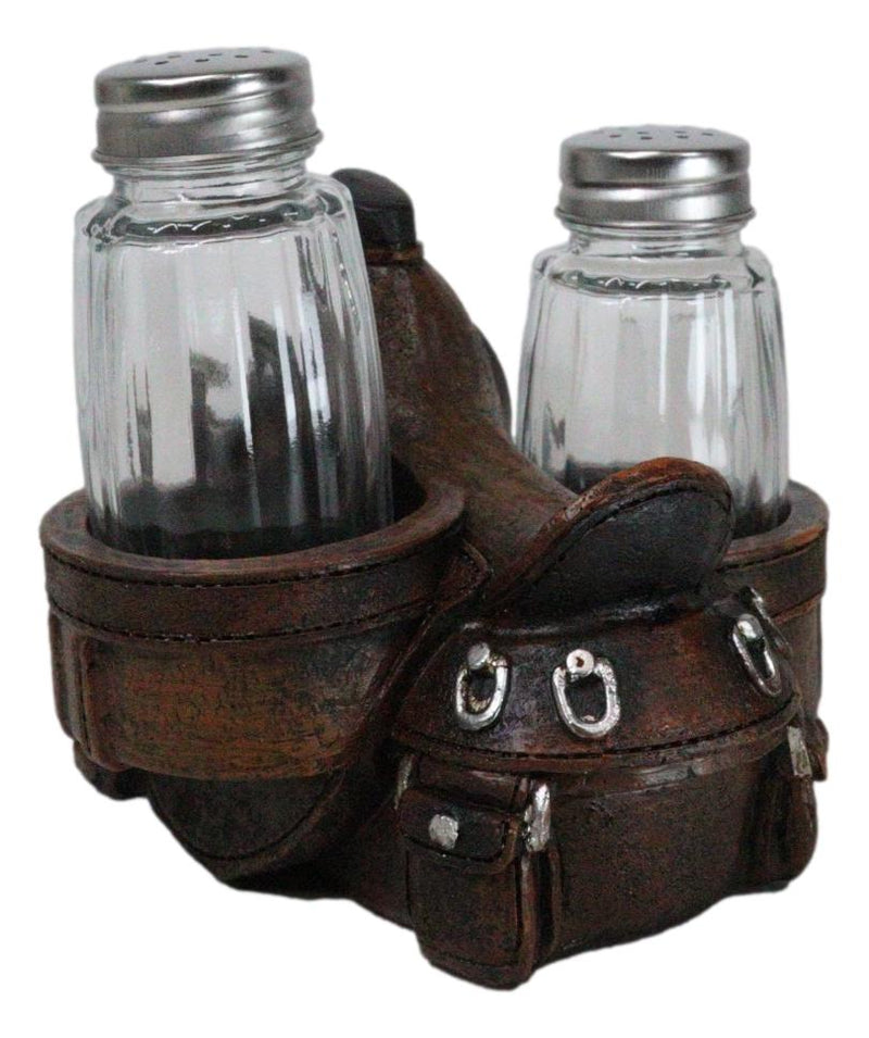 Country Western Faux Leather Cowboy Horse Saddle Salt Pepper Shakers Holder