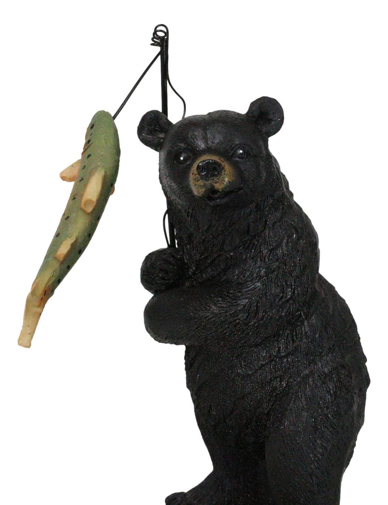 Whimsical Rustic Forest Black Bear Catching Largemouth Bass Fish Figurine