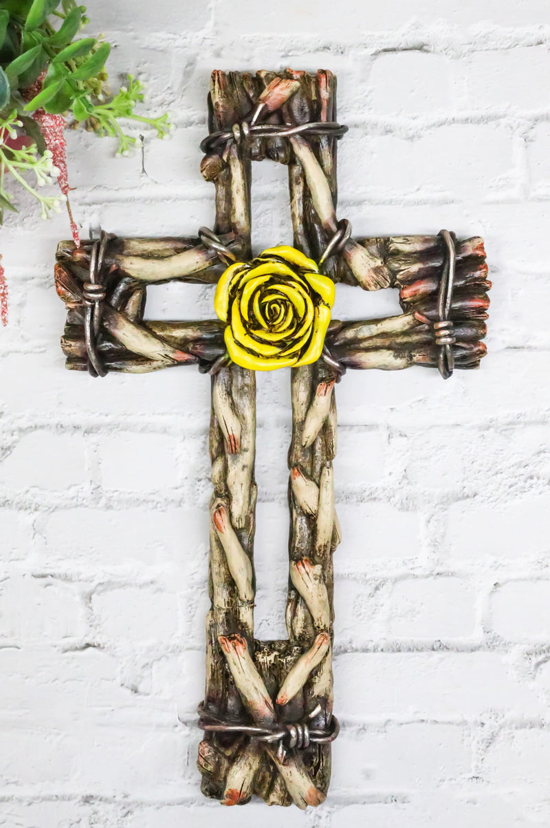 Rustic Western Yellow Rose with Distressed Faux Wood and Barbed Wires Wall Cross