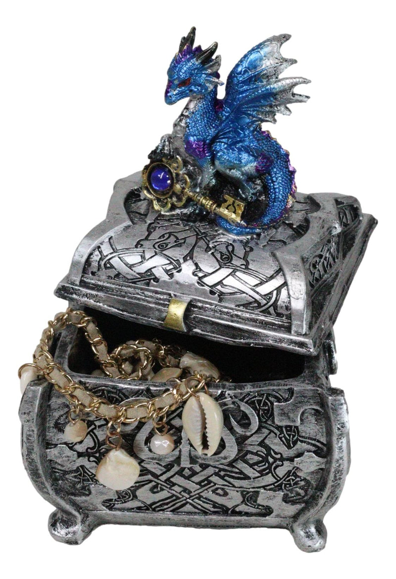 Metallic Blue Ocean Dragon Holding Rune Key On Treasure Chest Trinket Box