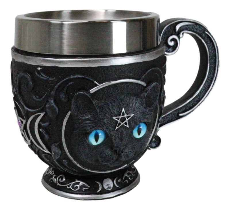 Wicca Witchcraft Pentagram Black Feline Cat With Triple Moon Tea Cup Mug