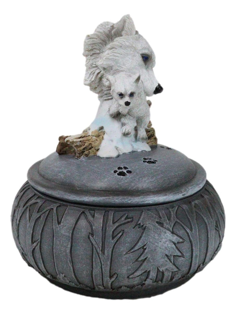 Albino Snow White Wolf Carrying Cub In Mouth Round Decorative Jewelry Box