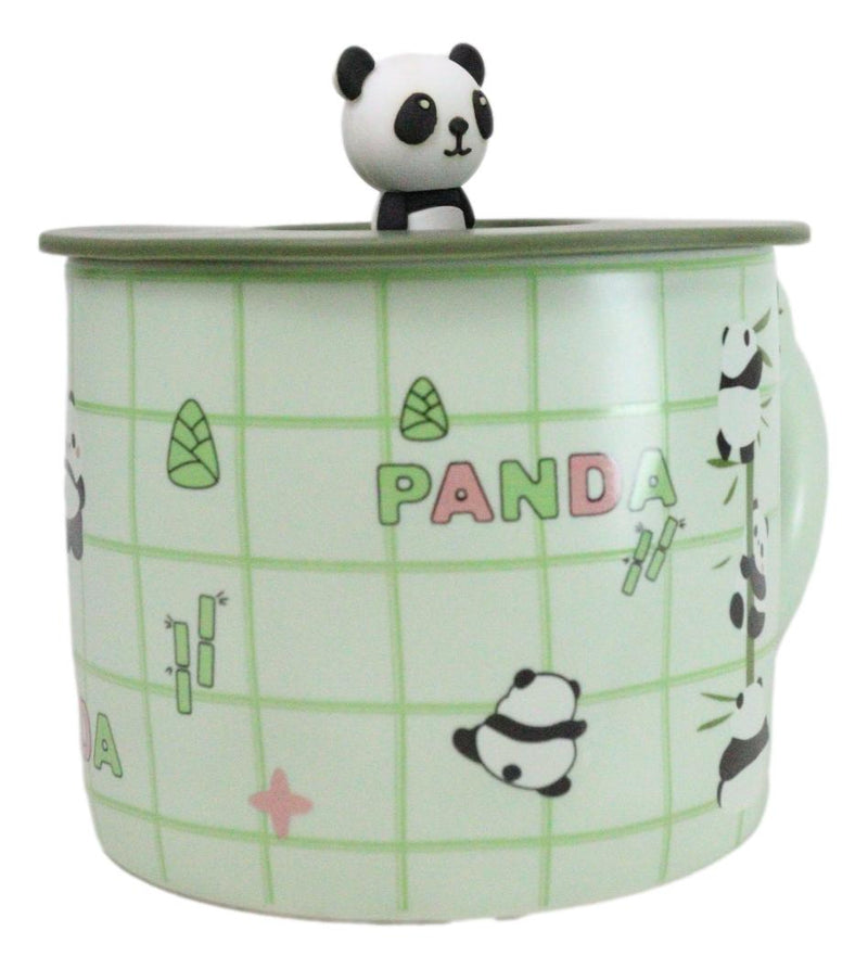 Green Panda Bears Climbing On Bamboo Mug With Anime Panda Figurine Handle Lid