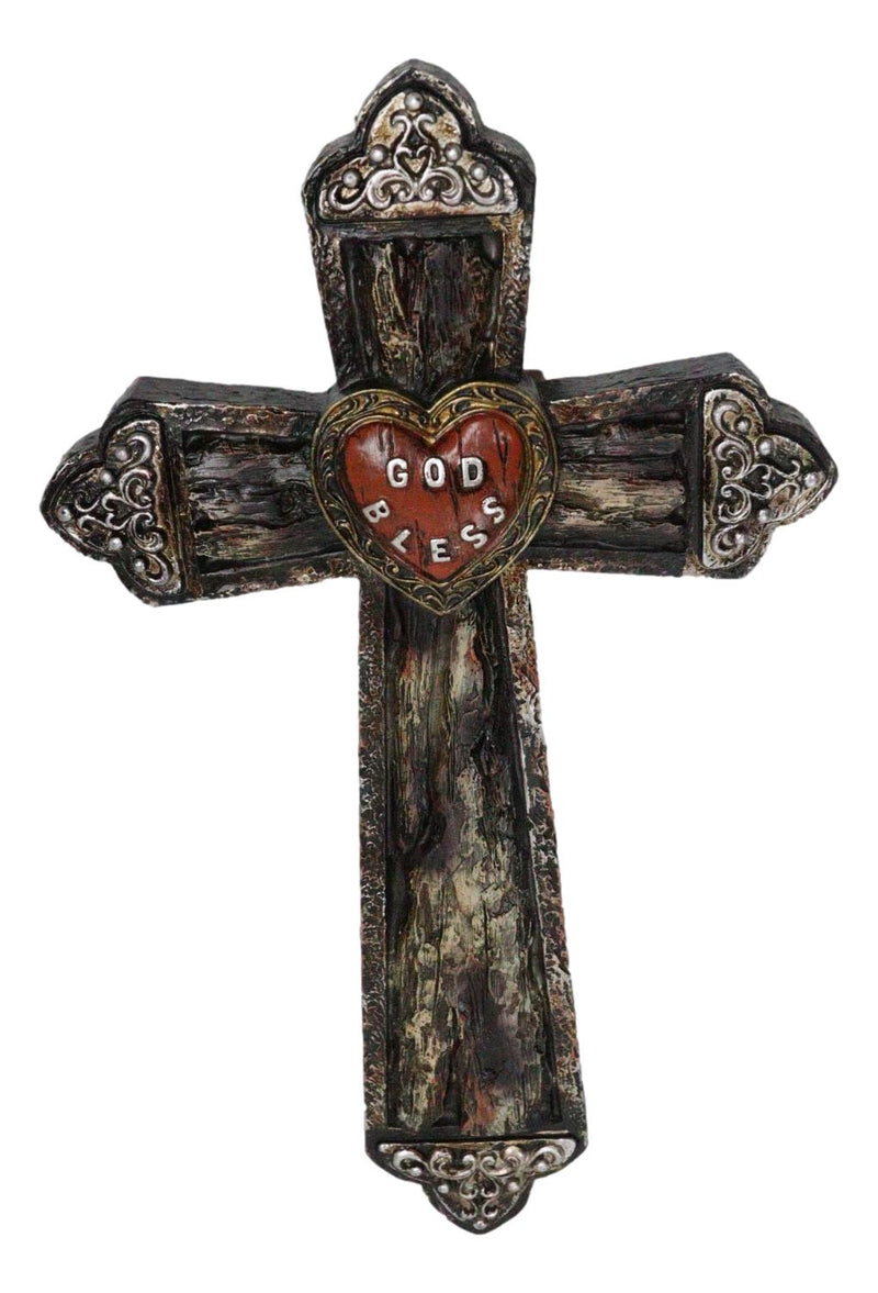 Rustic Western Faux Distressed Wood God Bless Heart Silver Scroll Wall Cross 12"