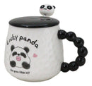 Ceramic Cute Lucky Laughing Panda Bear With Lid And Panda Head Spoon Mug Cup