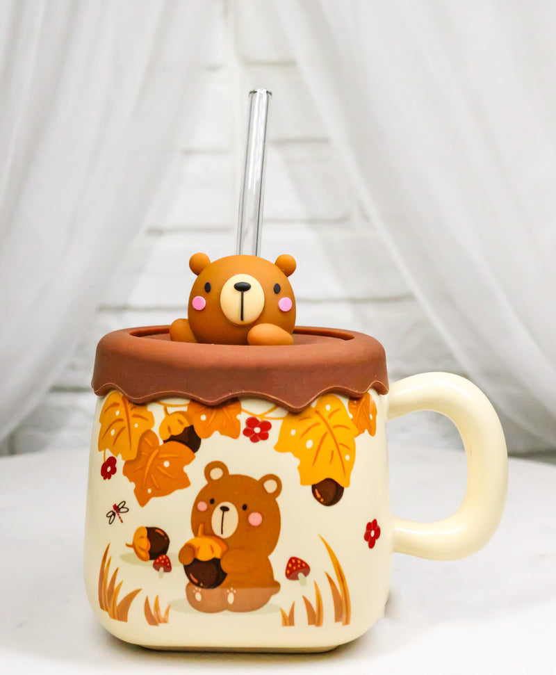 Whimsical Autumn Leaves Brown Bear Cub Ceramic Mug With Silicone Lid And Straw