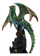 Metallic Green Dragon Perching On Rocky Mountain Stonewall Castle Tower Figurine